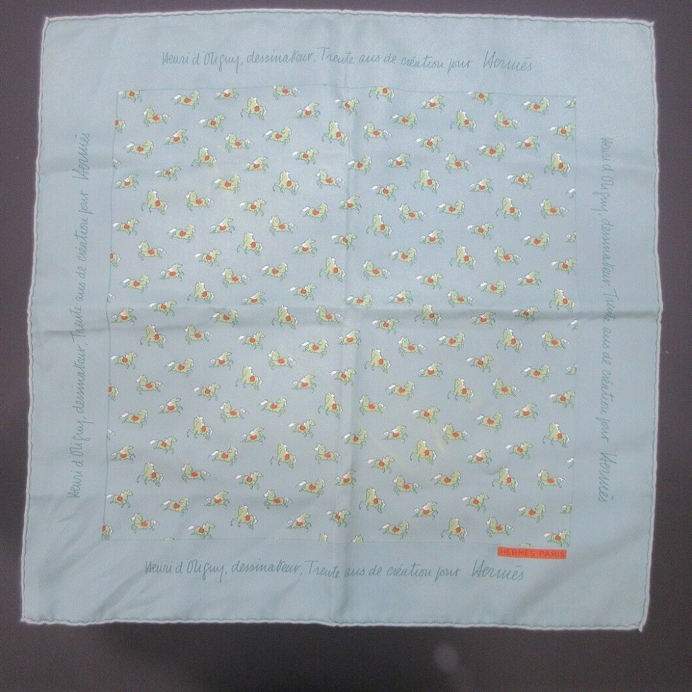 HERMES Petit Scarf 100% Silk "Horse Motif" Green